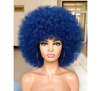 HIHOO Afro Wig Short with Bangs for Black Women Afro Wig Curly 70S Premium Synthetic Afro Wig Large (Blue)