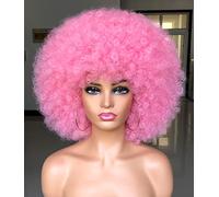 HIHOO Short Afro Wig with Bangs for Black Women Afro Kinky Curly Wig 70s Premium Synthetic Big Afro Wigs(Pink)