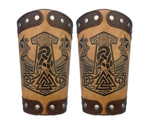 HiiFeuer Embossed Jormungandr Leather Arm Armor, Viking Gauntlet Bracer (Tan B)
