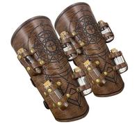 HiiFeuer Medieval Embossed Alchemy Bracers with 8 Cork Vials, Fantasy Faux Leather Buckle Arm Guards Magic Archer Gauntlets (Brown A)