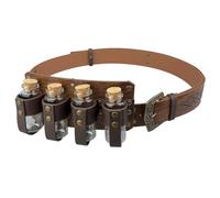 HiiFeuer Medieval Embossed Alchemy Faux Leather Buckle Belt with 4 Cork Vials, Fantasy Wizard Potion Bottles LARP Belt (Brown A)