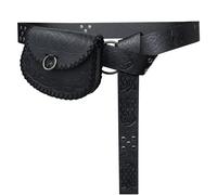 HiiFeuer Medieval Embossed O Ring belt with Viking Embossed Belt Bag and Vintage Faux Leather Pouch Set for LARP (Black B)