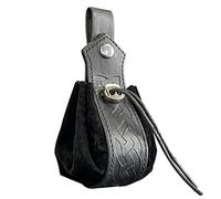 HiiFeuer Medieval Faux Leather Drawstring Pouch, Retro Nordic Portable Coin Purse, Vintage Belt Pouch Dice Bag for LARP Ren Faire(Black A)