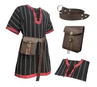 HiiFeuer Medieval Stripe Loose Tunic top, with Vintage Belt and Bag, Renaissance Knight Lace Up Shirt, Viking Pirate Costume (Black L)