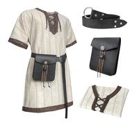 HiiFeuer Medieval Stripe Loose Tunic top, With Vintage Belt and Bag, Renaissance Knight Lace Up Shirt, Viking Pirate Costume (White L)