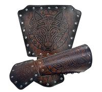 HiiFeuer Viking Fenrir Gauntlet, Medieval Faux Leather Arm Armor Knight Bracer, LARP Halloween Costume (Brown B)