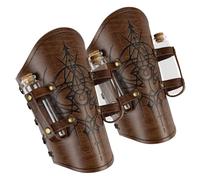 HiiFeuer Women’s Medieval Embossed Alchemy Bracers with 9 Cork Vials, Fantasy Faux Leather Buckle Arm Guards Archer Gauntlets (Brown B)