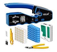 Hiija RJ45 Crimp Tool Kit Pass Through Ethernet Crimper for Cat5 Cat5e Cat6 | All-in-One Network Tool Kit with 50PCS Cat6 Connectors & Boots, LAN Cable Tester, Cutter