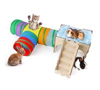 HIIMALEX Castle&Tunnel&Bed 3-in-1 Bunny's Gift Box: Extra Large Wooden Bunny Hideout with Ramp, Collasiple Tunnel and Soft Bed for Rabbit Guinea Pig Ferret Gerbil Hedgehog to Play Hide and Rest