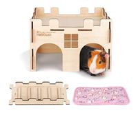 hiimalex Guinea Pigs Hideout Wooden Castle House with Ramp and Bedding for Guinea Pigs Gerbils Chinchillas Hamsters Durable Habitats for Playing Resting