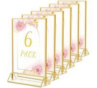 HIIMIEI 6Pack A5 Clear Acrylic Sign Holder with Gold Borders and Vertical Stand, Double Sided Table Menu Holders Picture Frames for Wedding Table Numbers, Restaurant Signs, Photos and Art Display