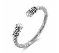Hiiooweiyi Stainless Steel Twisted Cable Wire Bracelet, Twisted Cable Bracelet with Composite Shell Pearl 6" Cuff Bracelets, One Size, Stainless Steel, no gemstone