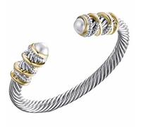 Hiiooweiyi Stainless Steel Twisted Cable Wire Bracelet, Twisted Cable Bracelet with Composite Shell Pearl 6" Antique Cuff Bracelets, Adjustable Open Cuff Bangle Bracelet for Women