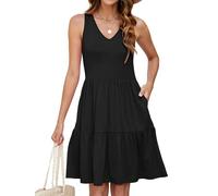 Hiistandd Summer Dresses for Women Sleeveless V-Neck Tiered Floral Mini Dress with Side Pockets Black