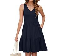 Hiistandd Summer Dresses for Women Sleeveless V-Neck Tiered Floral Mini Dress with Side Pockets Navy