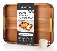 Hiitytin Wood Serving Tray with Metal Handles, Ottoman Tray Large Acacia Wooden Decorative Serving Tray for Coffee Table Living Room, 16.5" x 12.5" x 2.3"