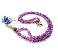HiJet Amethyst Round Bead Mala with Lucky Charm OM (AUM)28-32" Long Balancing Positive Energy Harmony Luck Yoga Meditation Reiki Natural Genuine Authentic Fashion Style Easter Christmas Xmas Gift
