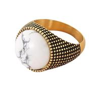 HIJONES Men Women's Large Gemstone Stainless Steel Punk Style Ring Minimalist Personalized Vintage Band Jewelry Gold Dark White Size Y