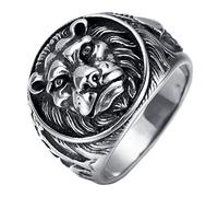 HIJONES Men's 316l Stainless Steel Gothic Biker Lion Signet Ring Silver Black Size P