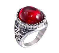HIJONES Men's Silver Stainless Steel Vintage Big Oval Gemstone Agate Ring Carved with Beast Light Red Size Z+1