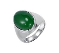 HIJONES Mens Stainless Steel Big Oval Dome Gemstone Agate Engagement Polished Plain Band Ring Charm Jewellery Silver Green Stone Size P 1/2