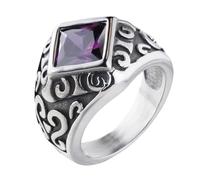 HIJONES Mens Stainless Steel Classic Gemstone Floral Engraved Ring Antique Silver CZ Crystal Wedding Biker Band Purple Size Y