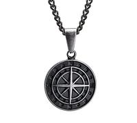 HIJONES Mens Stainless Steel Compass Necklace Round Nautical Inspirational Pendant with Chain Necklace Ancient Silver Curb Chain