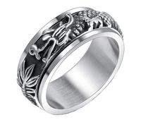 HIJONES Men's Stainless Steel Embossed Chinese Manly Dragon Spinner Rings Silver Gothic Jewellery for Anxiety Size P 1/2