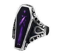 HIJONES Men's Stainless Steel Gothic Biker Vampire Skeleton Coffin Purple Stone Rings Punk Rock Halloween Jewellery Size N 1/2