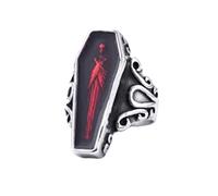 HIJONES Mens Stainless Steel Gothic Biker Vampire Skeleton Coffin Rings Punk Rock Halloween Jewellery Silver Red Size Z+1