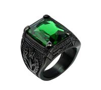 HIJONES Mens Stainless Steel Gothic Multicoloured Crystal Gemstone Tulip Engraved Chunky Biker Ring Punk Finger Jewellery Black Green Stone Size P 1/2