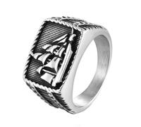 HIJONES Mens Stainless Steel Hip Hop Sailboat Biker Signet Ring Personality Dominant Engraved Party Jewellery Silver Size Z+5