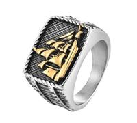 HIJONES Mens Stainless Steel Hip Hop Sailboat Biker Signet Ring Personality Dominant Engraved Party Jewellery Gold Size U
