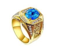 HIJONES Mens Stainless Steel Luxury Round Rhinestone Ring Vintage Mens Natural Stone Ring Blue-Stone Gold Size Y