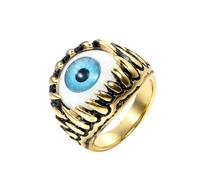 HIJONES Mens Stainless Steel Punk Giant Tooth Claw Eye Gemstone Biker Ring Gothic Titanium Chunky Finger Band Gold Blue Stone Size P 1/2