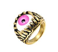 HIJONES Mens Stainless Steel Punk Giant Tooth Claw Eye Gemstone Biker Ring Gothic Titanium Chunky Finger Band Gold Pink Stone Size S