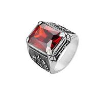 HIJONES Mens Stainless Steel Red Stone Gem Ring Celtic Flower Pinky Thumb Rings Vintage Square Shaped Silver Size N 1/2