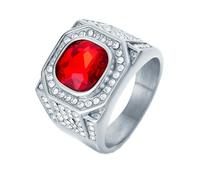 HIJONES Mens Stainless Steel Rock Iced Out Zirconia Glass Gemstone Wedding Ring Titanium Micro Pave CZ Biker Charm Finger Jewellery Silver Red Stone Size S