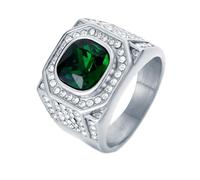 HIJONES Mens Stainless Steel Rock Iced Out Zirconia Glass Gemstone Wedding Ring Titanium Micro Pave CZ Biker Charm Finger Jewellery Silver Green Stone Size S