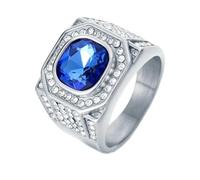 HIJONES Mens Stainless Steel Rock Iced Out Zirconia Glass Gemstone Wedding Ring Titanium Micro Pave CZ Biker Charm Finger Jewellery Silver Blue Stone Size Y