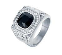 HIJONES Mens Stainless Steel Rock Iced Out Zirconia Glass Gemstone Wedding Ring Titanium Micro Pave CZ Biker Charm Finger Jewellery Silver Black Stone Size S