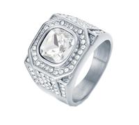 HIJONES Mens Stainless Steel Rock Iced Out Zirconia Glass Gemstone Wedding Ring Titanium Micro Pave CZ Biker Charm Finger Jewellery Silver White Stone Size Y