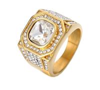 HIJONES Mens Stainless Steel Rock Iced Out Zirconia Glass Gemstone Wedding Ring Titanium Micro Pave CZ Biker Charm Finger Jewellery Gold White Stone Size P 1/2