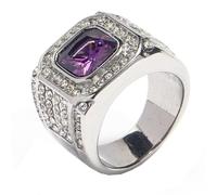 HIJONES Mens Stainless Steel Square Glass Crystal Gemstone Shiny Wedding Ring Micro Pave CZ Hip Hop Titanium Biker Band Silver Light Purple Stone Size Z+1