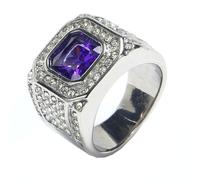HIJONES Mens Stainless Steel Square Glass Crystal Gemstone Shiny Wedding Ring Micro Pave CZ Hip Hop Titanium Biker Band Silver Purple Stone Size P 1/2