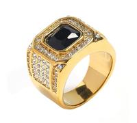 HIJONES Mens Stainless Steel Square Glass Crystal Gemstone Shiny Wedding Ring Micro Pave CZ Hip Hop Titanium Biker Band Gold Black Stone Size S