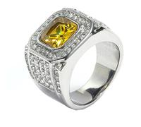 HIJONES Mens Stainless Steel Square Glass Crystal Gemstone Shiny Wedding Ring Micro Pave CZ Hip Hop Titanium Biker Band Silver Yellow Stone Size S