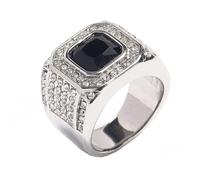 HIJONES Mens Stainless Steel Square Glass Crystal Gemstone Shiny Wedding Ring Micro Pave CZ Hip Hop Titanium Biker Band Silver Black Stone Size S