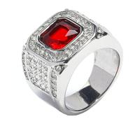 HIJONES Mens Stainless Steel Square Glass Crystal Gemstone Shiny Wedding Ring Micro Pave CZ Hip Hop Titanium Biker Band Silver Red Stone Size P 1/2