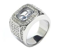 HIJONES Mens Stainless Steel Square Glass Crystal Gemstone Shiny Wedding Ring Micro Pave CZ Hip Hop Titanium Biker Band Silver White Stone Size Z+1